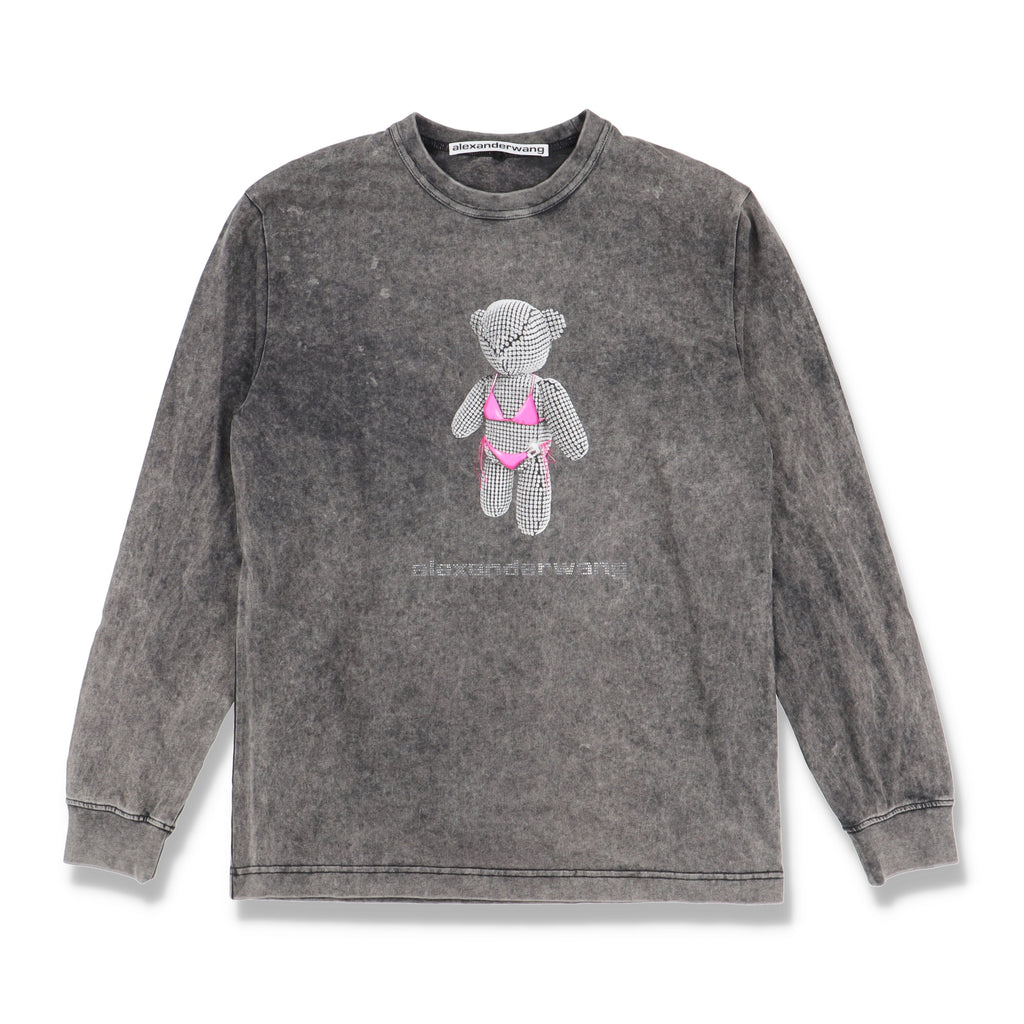 Alexander Wang Grey Acid Wash Teddy Bear Logo Long Sleeve T-Shirt