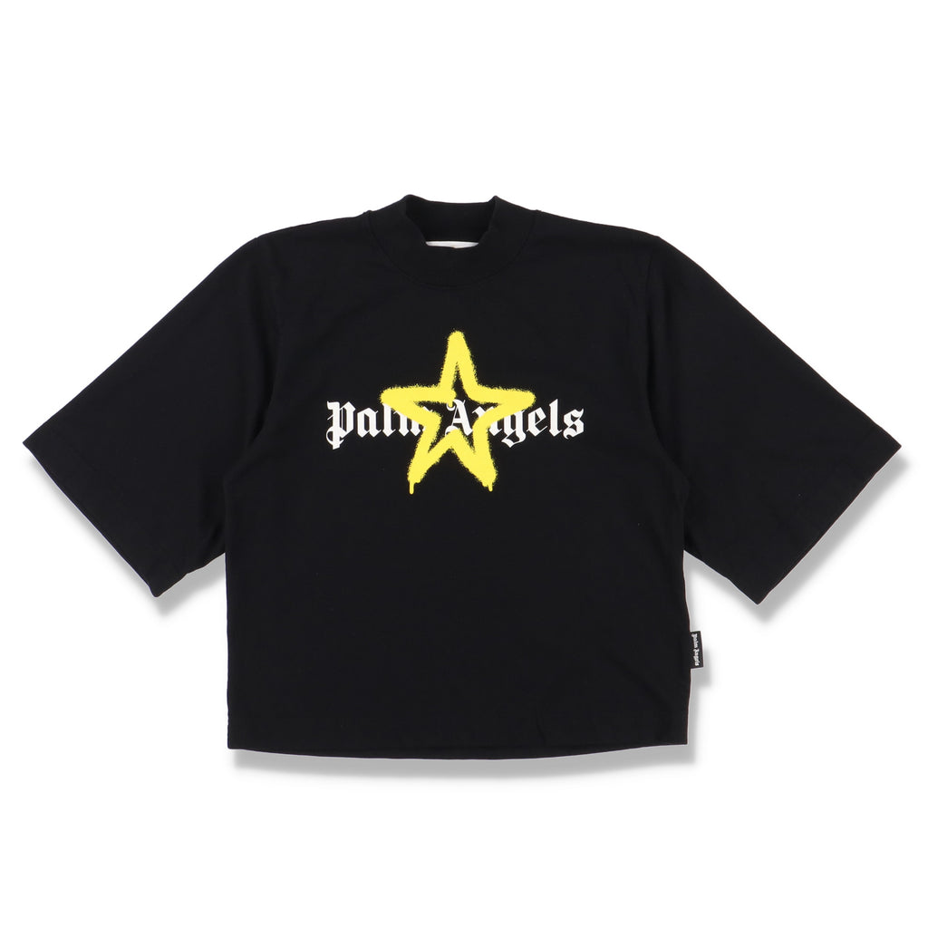Palm Angels Black and Yellow Sprayed Star Logo Cropped T-Shirt