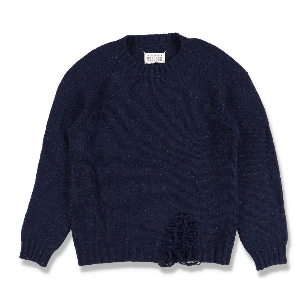 Maison Margiela Navy Speckled Wool Distressed Hem Sweater