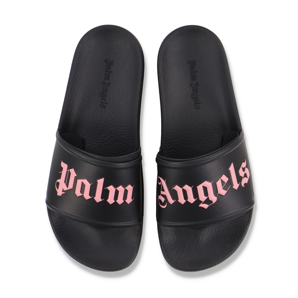 Palm Angels Black and Pink Logo Pool Slides