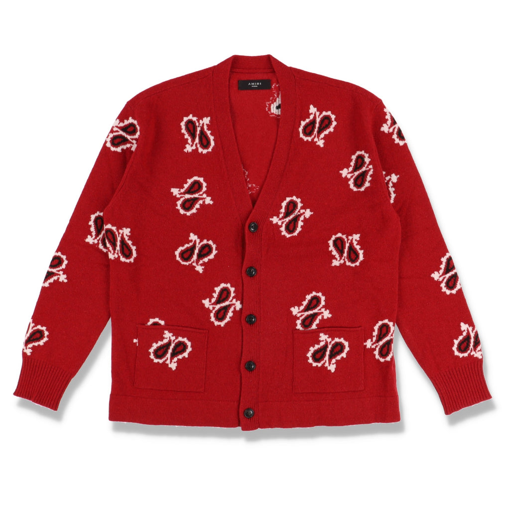 Amiri Red Paisley Intarsia Cashmere Blend Cardigan