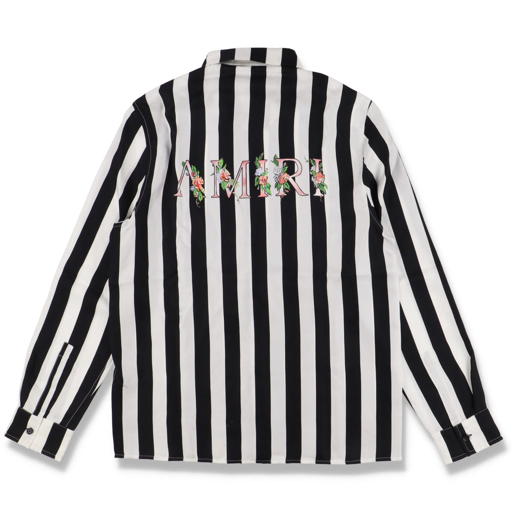 Amiri Black and White Striped Floral Logo Silk Shirt