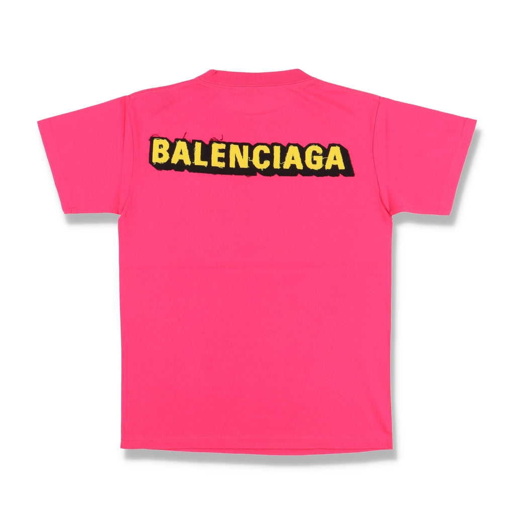Balenciaga Pink and Yellow Back Patch Logo T-Shirt
