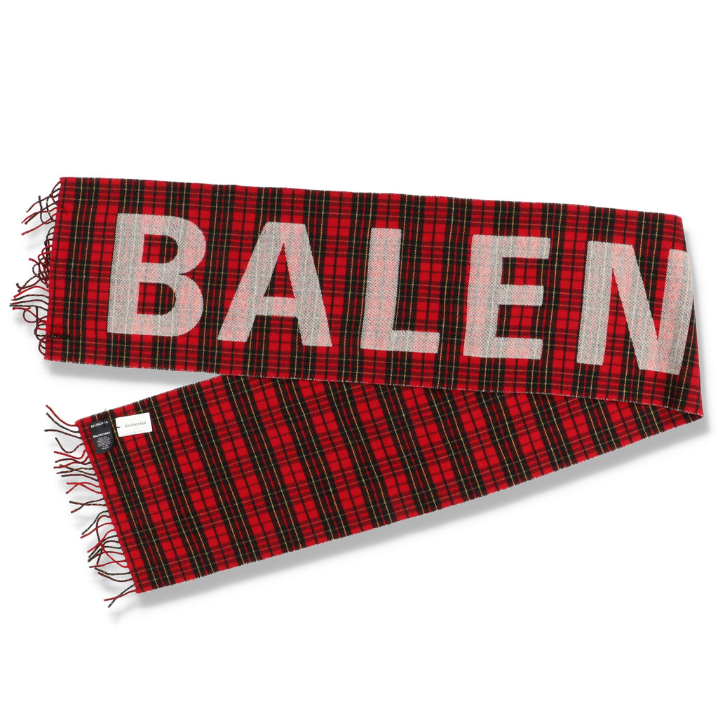 Balenciaga Red Tartan Maxi Logo Print Wool Scarf