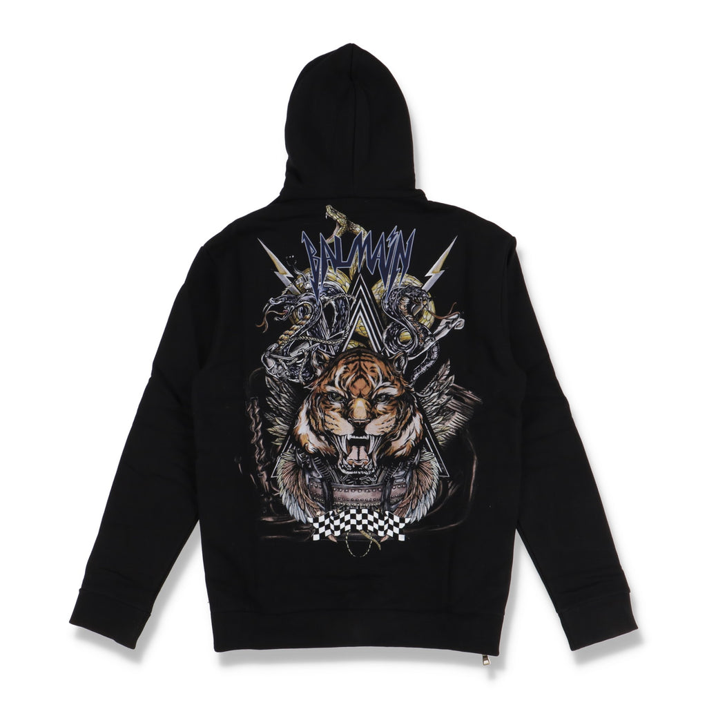 Balmain Black Tiger Print Side Zip Hoodie