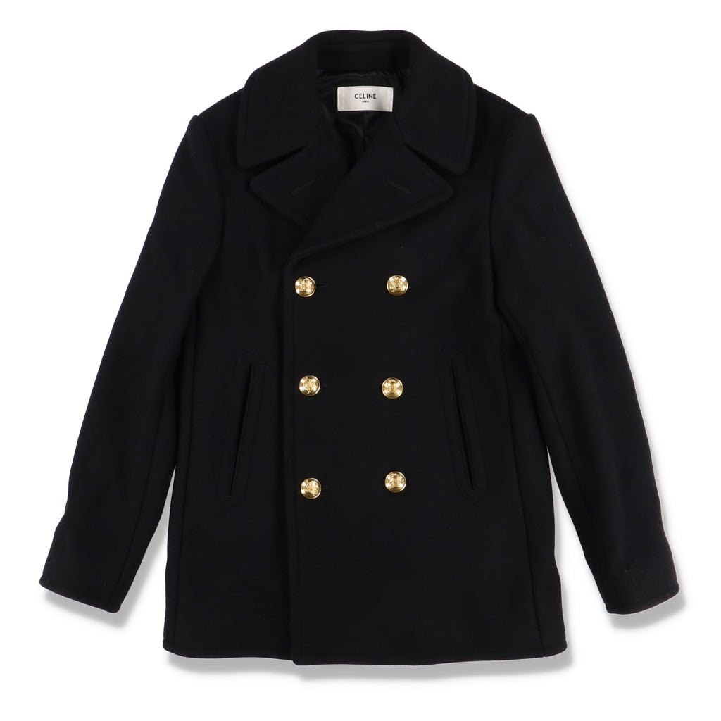 Celine Black Rectangle Wool Peacoat with Gold Buttons