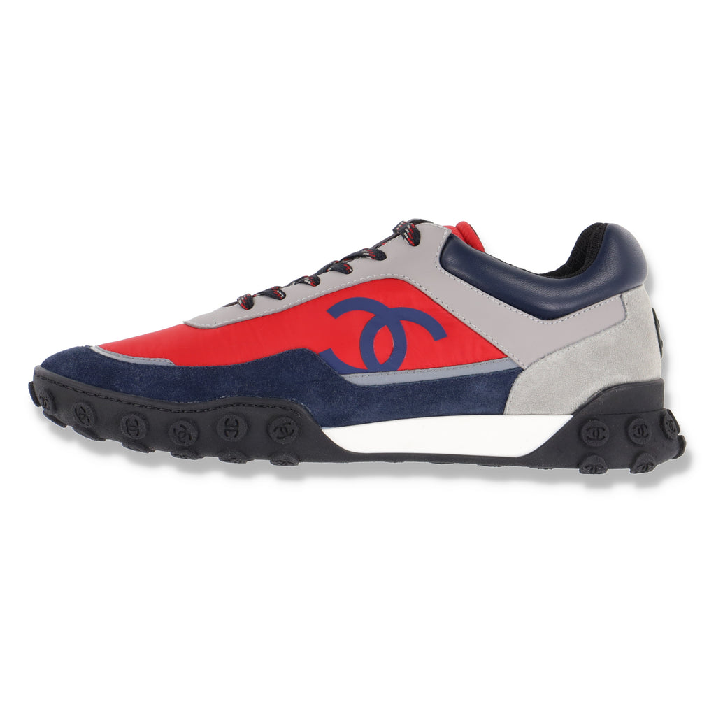 Chanel Red and Blue Nylon and Suede CC Logo Sneakers