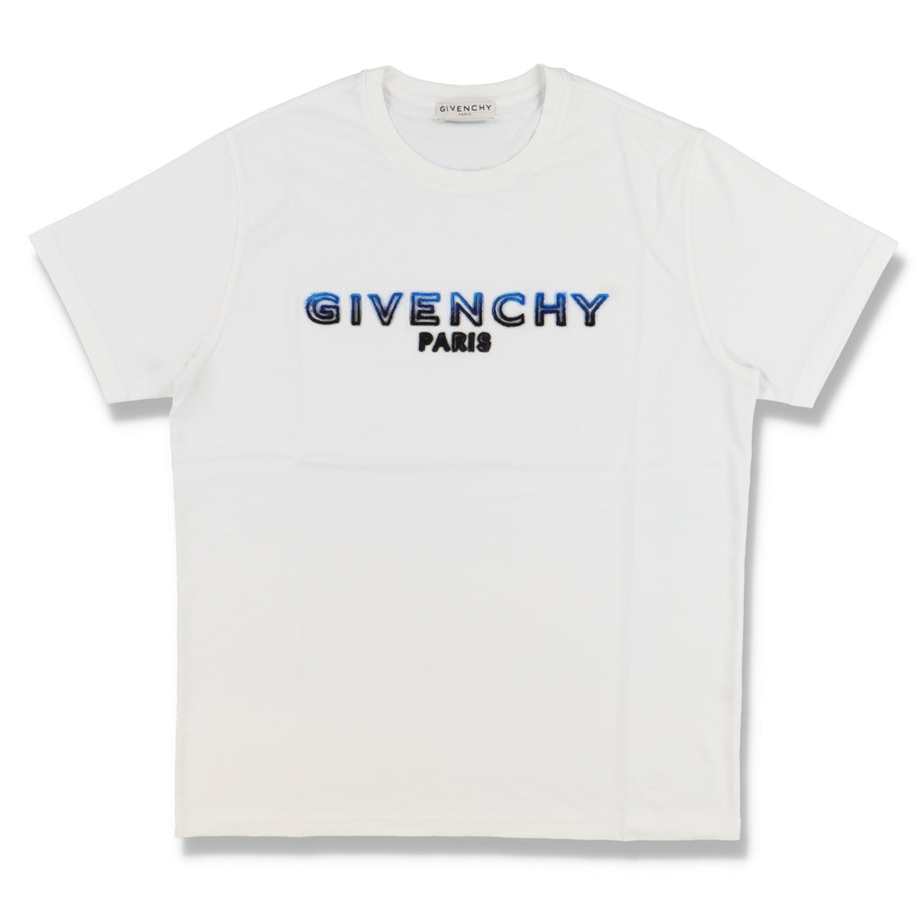 Givenchy White and Blue Flocked Logo T-Shirt