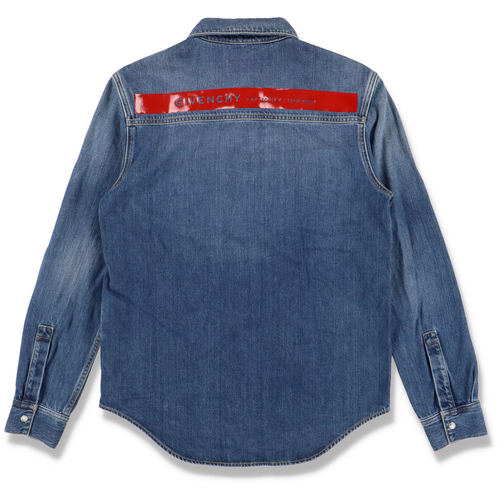 Givenchy Blue and Red Latex Band Logo Denim Shirt