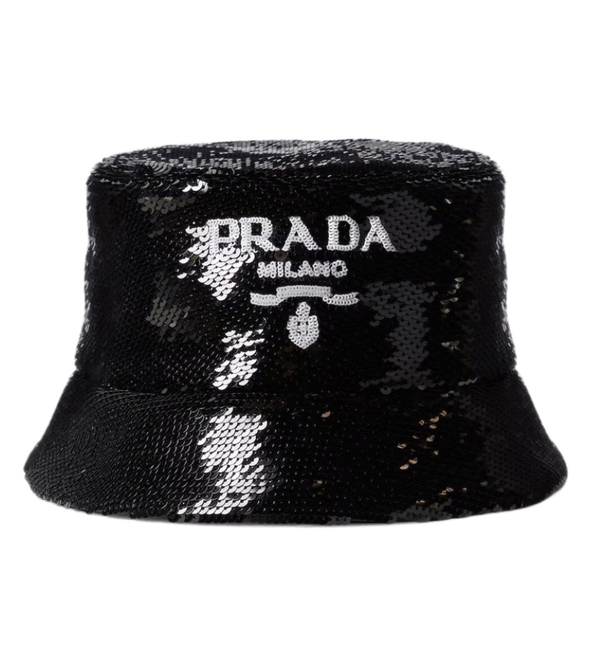Prada Black Sequin Logo Bucket Hat
