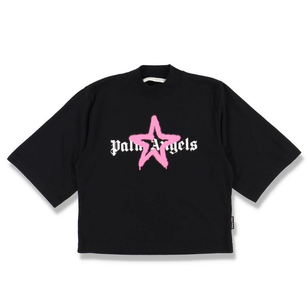 Palm Angels Black and Pink Sprayed Star Logo Cropped T-Shirt