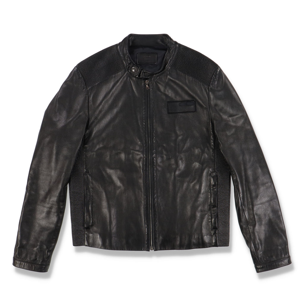 Prada Black Logo Leather Cafe Racer Ribbed Jacket