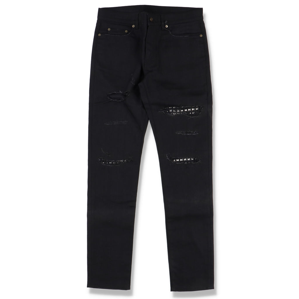 Saint Laurent Paris Black Destroyed Studded Leather Patch Slim Jeans
