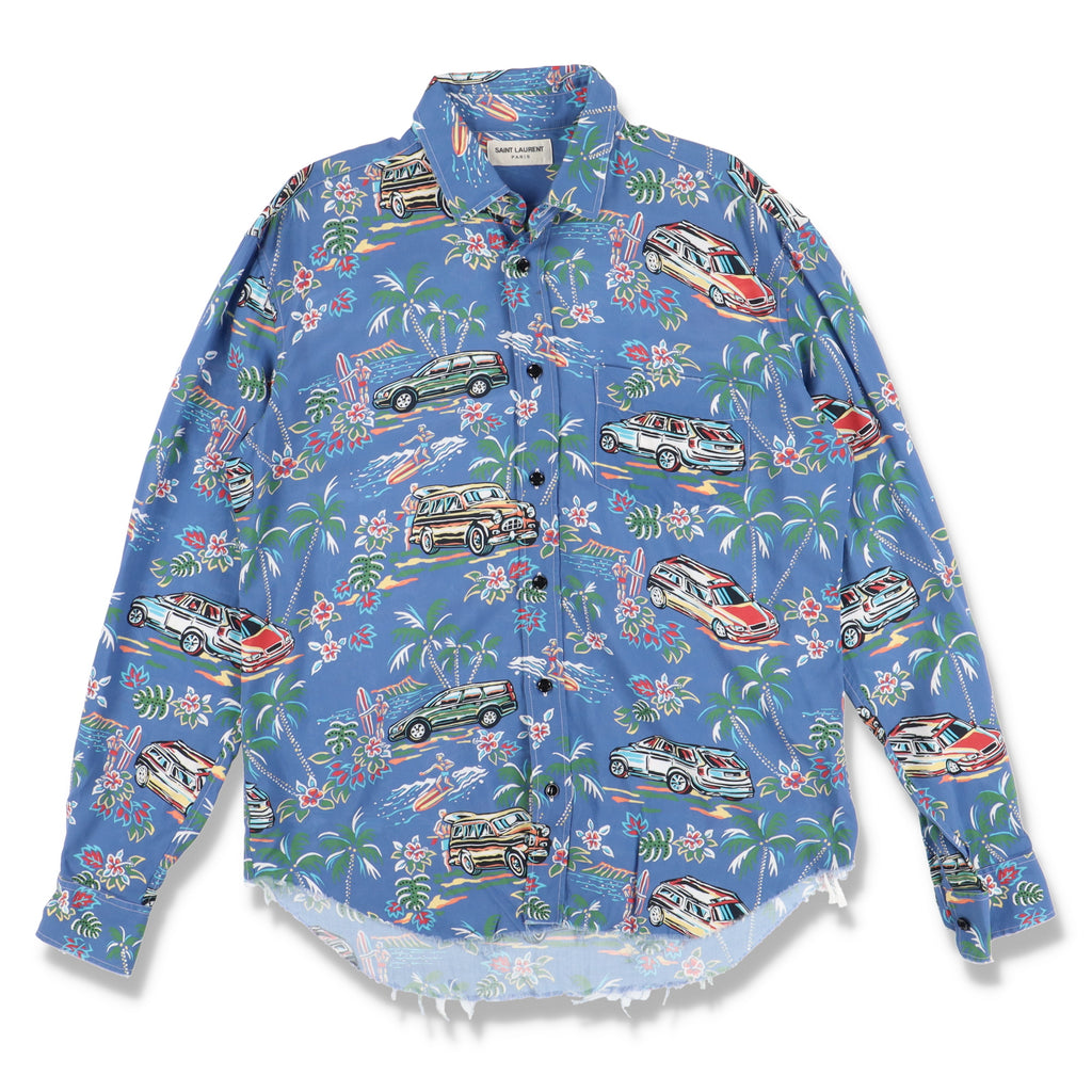 Saint Laurent Paris Blue Hawaiian Car Print Raw Hem Viscose Shirt