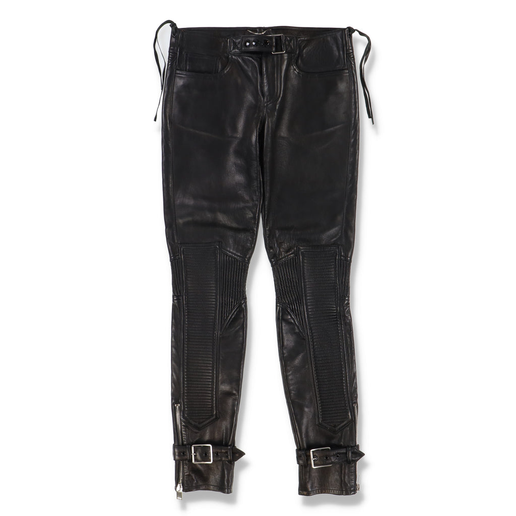 Saint Laurent Paris 1 of 1 Black Ribbed Belted Hem Leather Biker Pants
