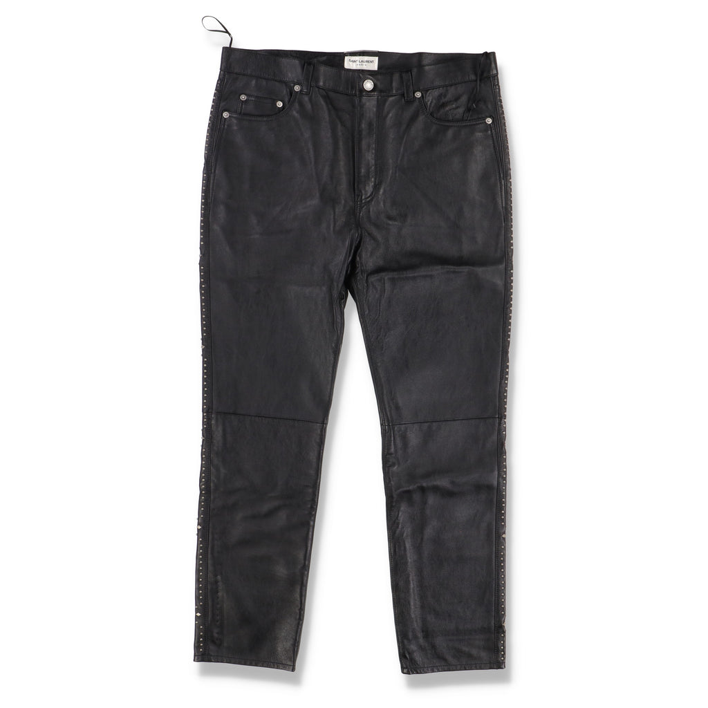 Saint Laurent Paris Black Studded Lambskin Leather Slim Trousers