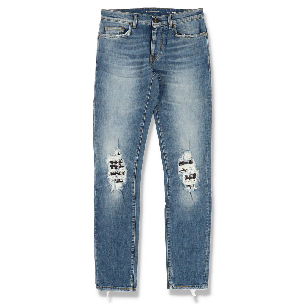 Saint Laurent Paris Blue Destroyed Studded Leather Patch Skinny Jeans