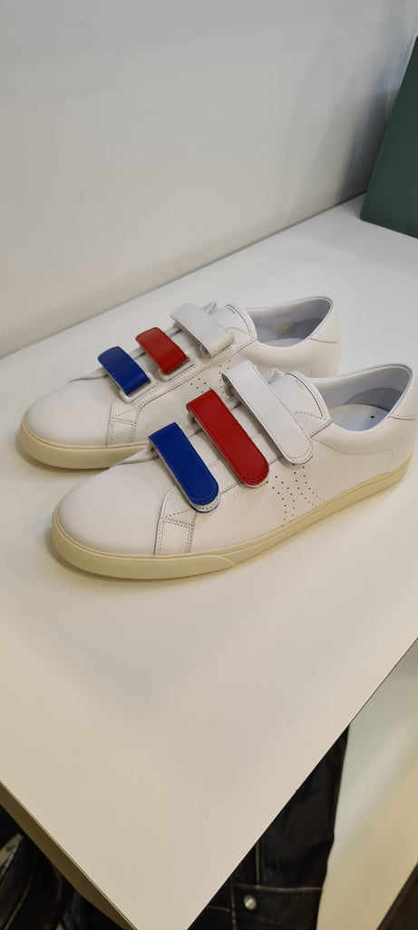 Celine White Blue and Red Strap Triomphe Trainers
