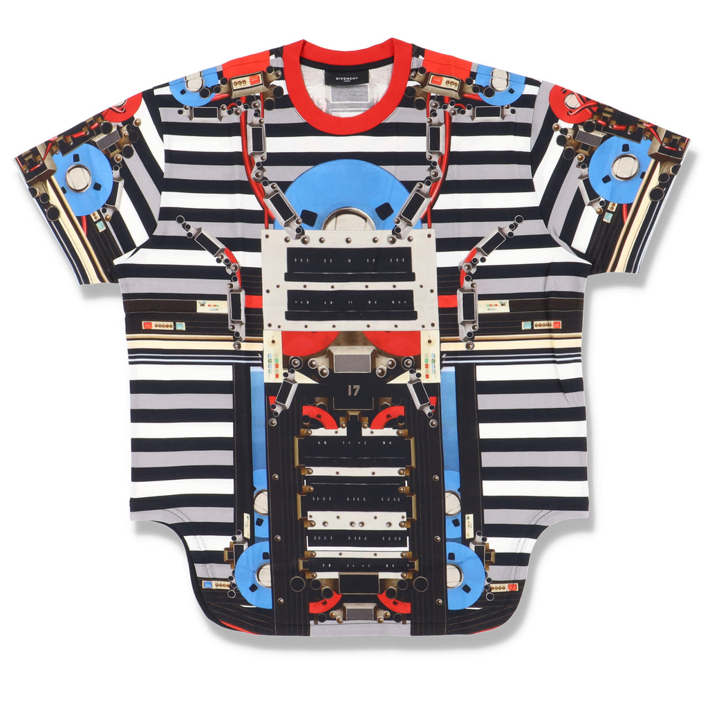 Givenchy Striped Robot Print Oversized Curved Hem T-Shirt