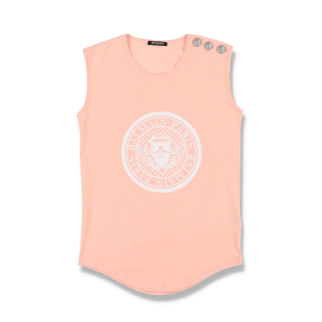 Balmain Pink Medallion Logo Shoulder Button Tank Top