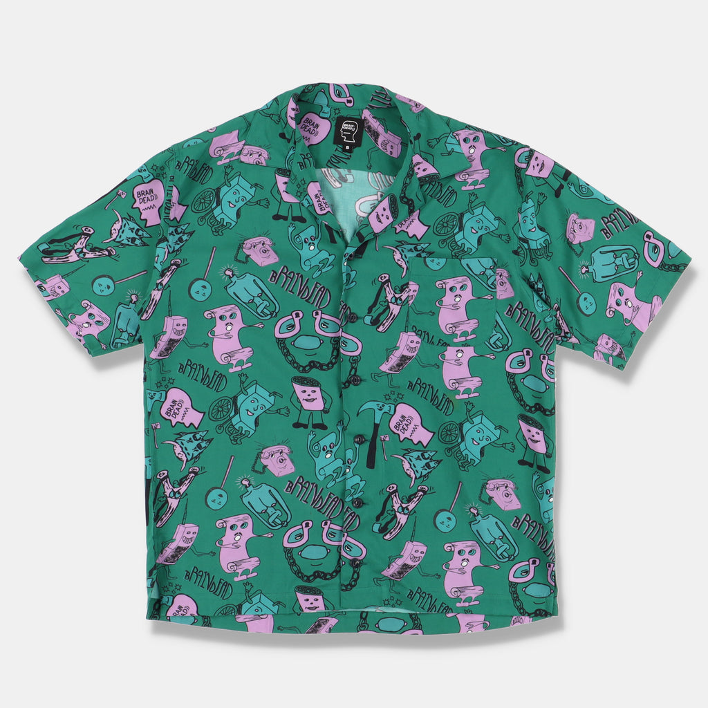 Brain Dead Green Caricatures Viscose Hawaiian Shirt