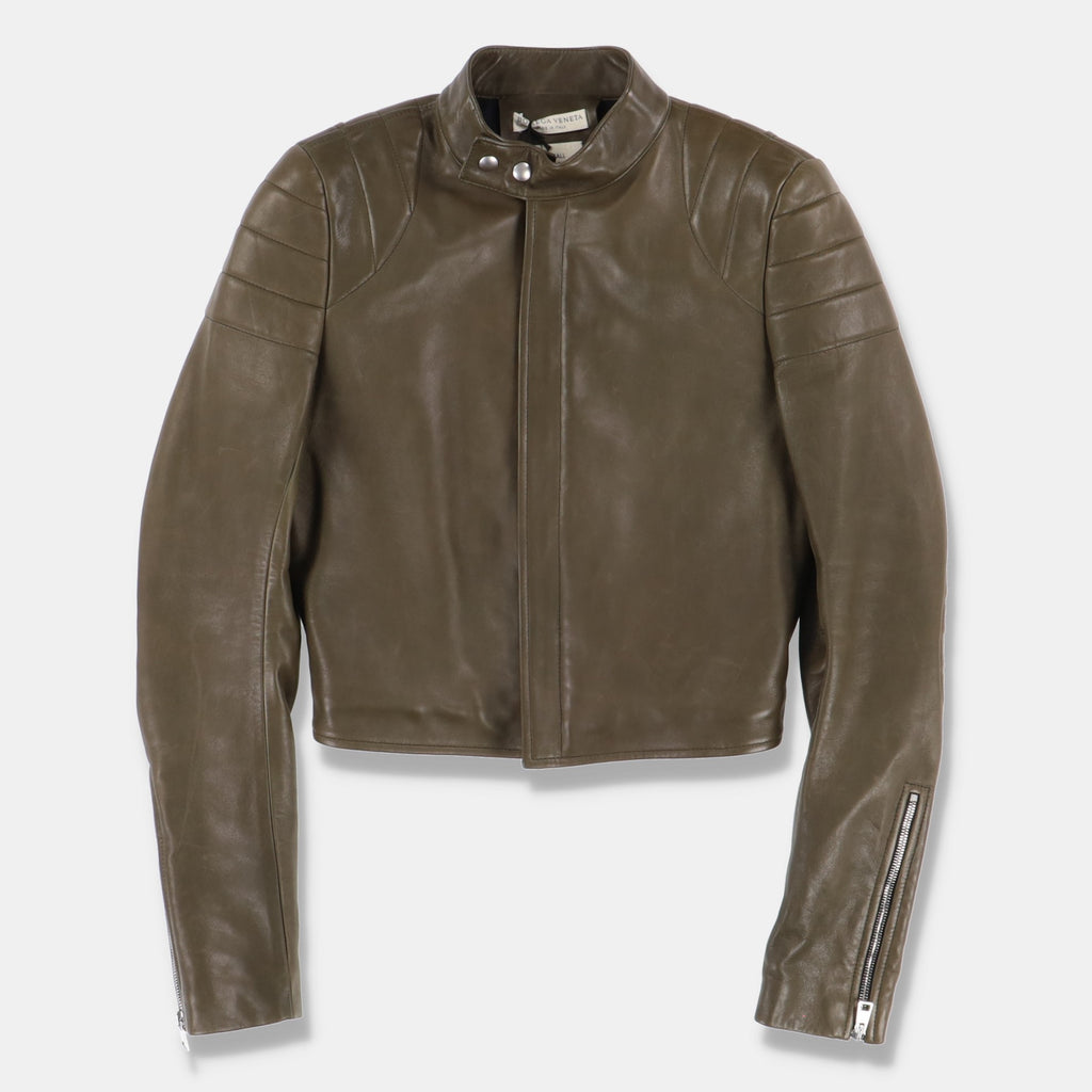 Bottega Veneta Khaki Lambskin Cropped Leather Jacket