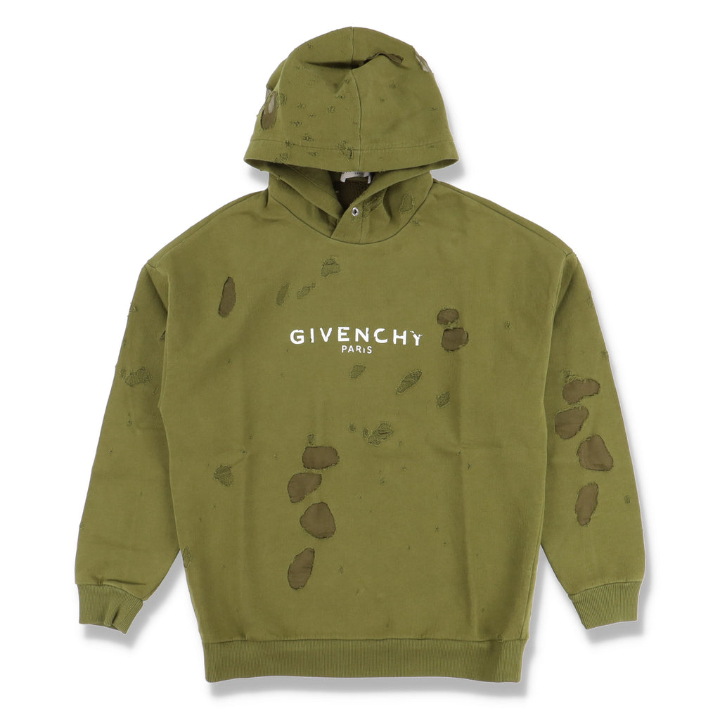 Givenchy Olive Blurred Destroyed Logo Hoodie