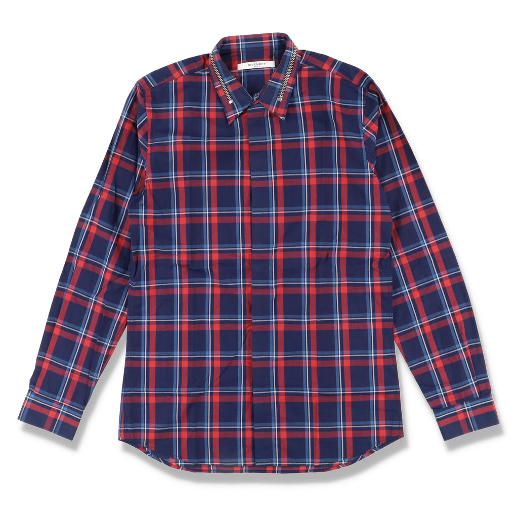 Givenchy Blue and Red Check Zip Collar Shirt
