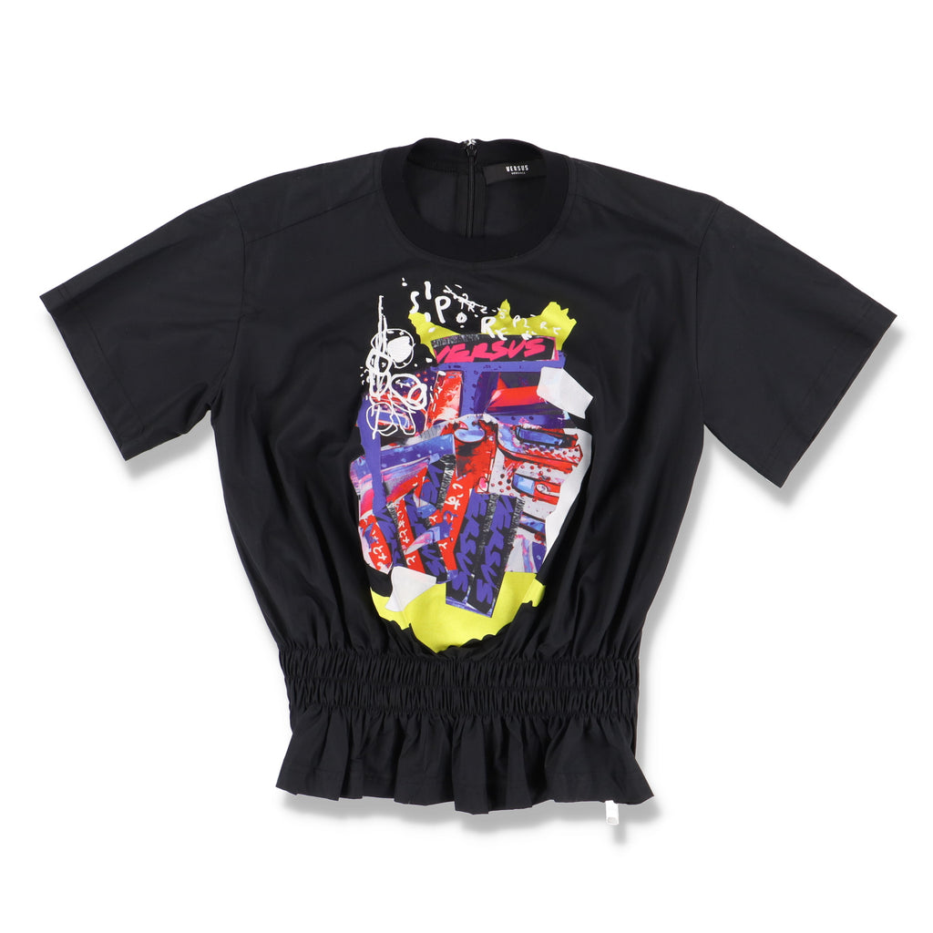 Versace Versus Black Graffiti Embroidered Cinched Top